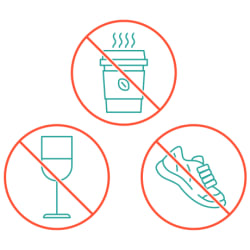 Icons of wine glass, coffee cup, and running shoes, each inside the prohibition sign.