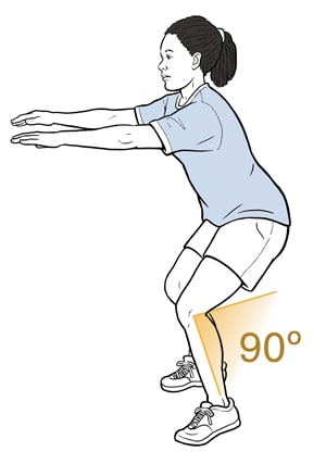 Woman bending knees at 90 degrees, arms held out in front of her at shoulder height.