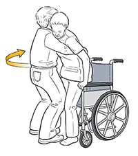 Healthcare provider helping patient sit in wheelchair.