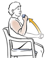 Seated woman doing biceps curls with hand weight.