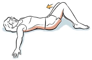 Woman lying on back with arms outstretched. Hips and pelvis are rotated to one side.