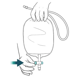 One hand holding top of empty catheter bag with other hand pushing valve in to close it.