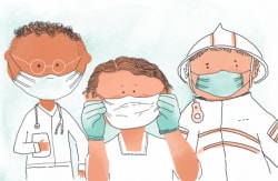 Doctors and nurses, some in face masks.