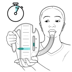 Person with lips closed around incentive spirometer mouthpiece and clock showing time passing.